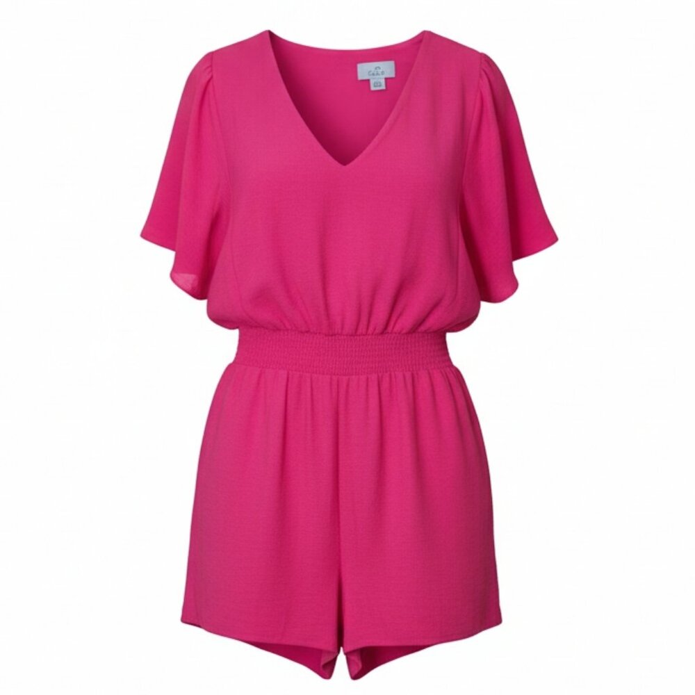CeCe XL Hot Pink Flutter Sleeve Romper V-Neck Smocked Waist Barbiecore Summer